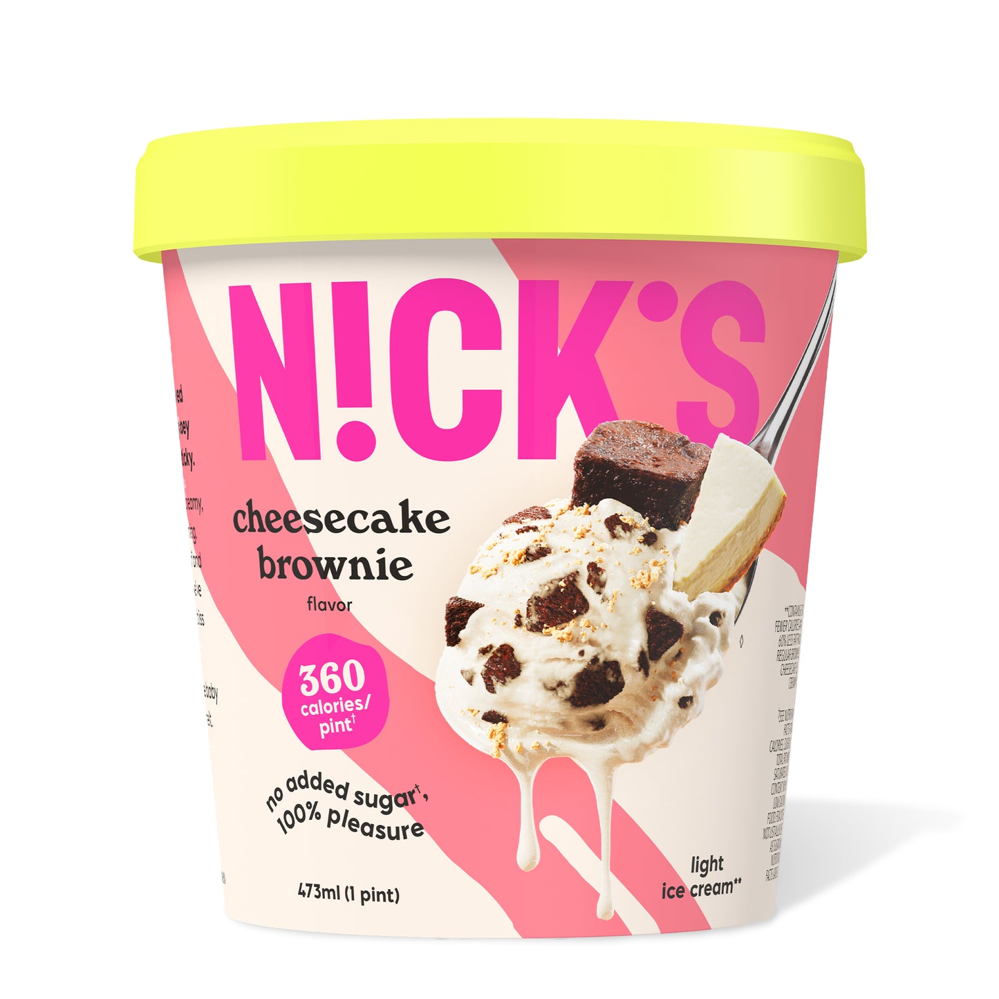 Pint container of N!CK'S Cheesecake Brownie light ice cream, labeled 'keto friendly' and 'no added sugar'.
