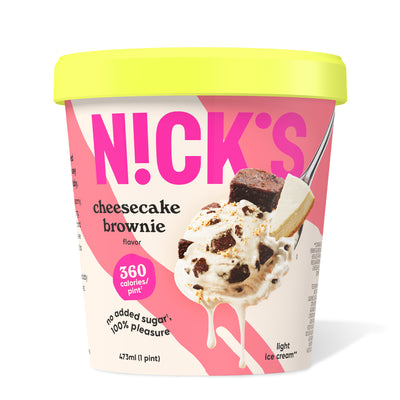 Pint container of N!CK'S Cheesecake Brownie light ice cream, labeled 'keto friendly' and 'no added sugar'.