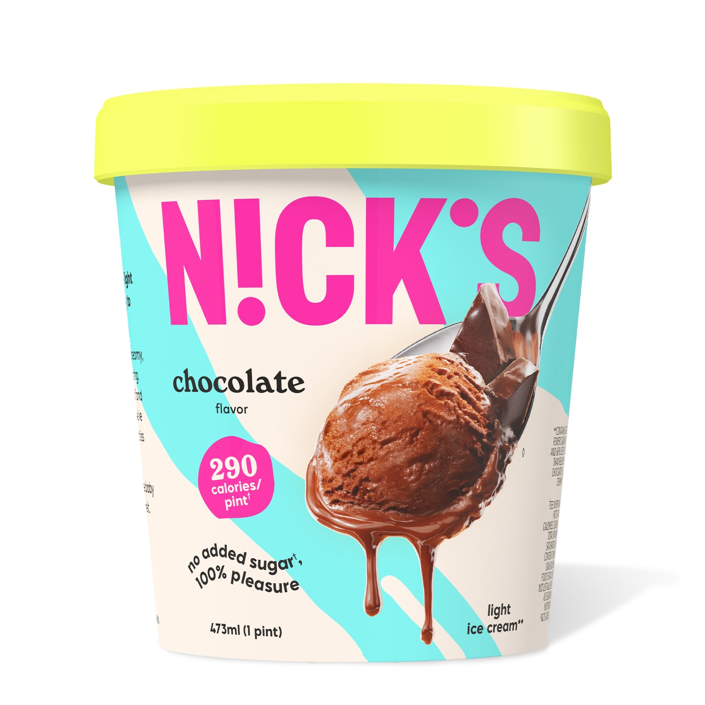 Pint of N!CK'S Chocolate light ice cream. The label highlights 'no added sugar' and '290 calories/pint'. A spoon holds a scoop of rich chocolate ice cream.