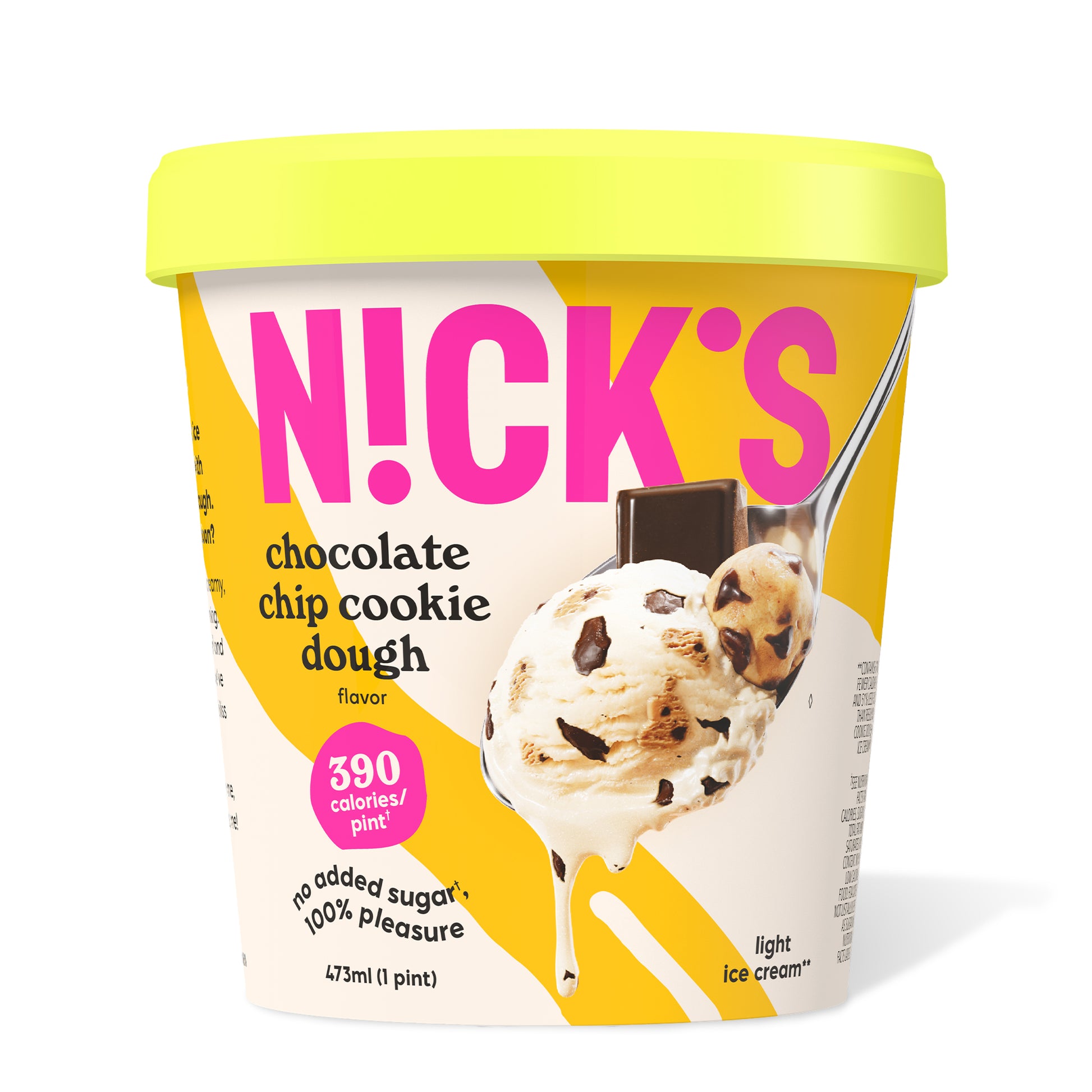 Pint of N!CK'S Chocolate Chip Cookie Dough light ice cream. The label highlights 'no added sugar' and '390 calories/pint'. A spoon holds a scoop of vanilla ice cream with chocolate chips and cookie dough pieces.