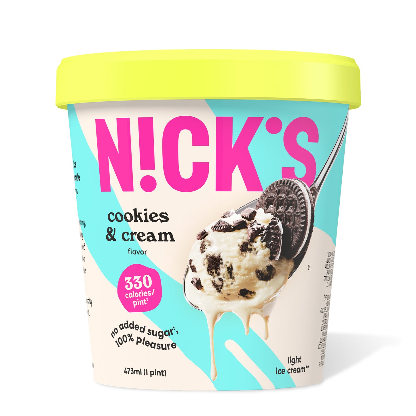 Pint of N!CK'S Cookies & Cream light ice cream. The label highlights 'no added sugar' and '330 calories/pint'. A spoon holds a scoop of vanilla ice cream with dark cookie pieces.