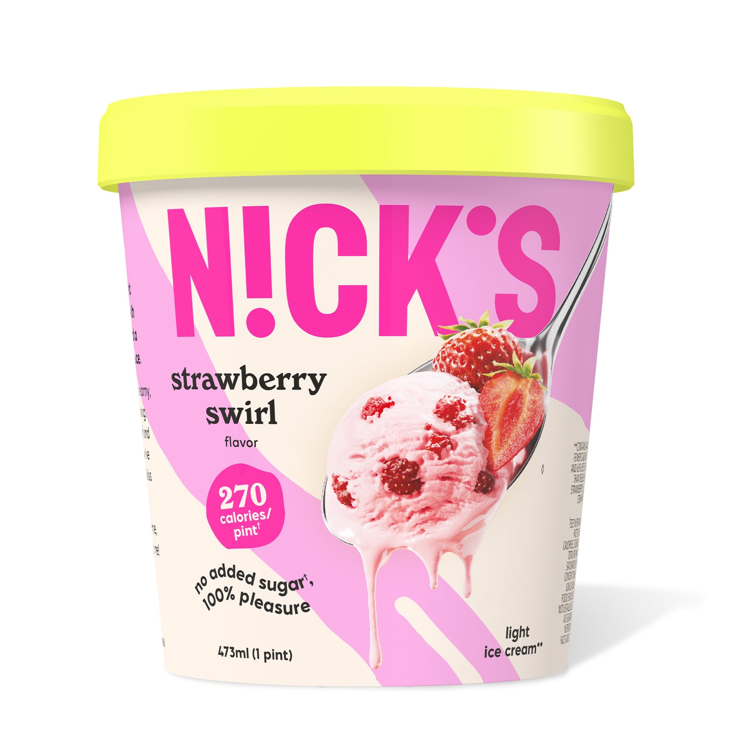 Pint of N!CK'S Strawberry Swirl light ice cream. The label highlights 'no added sugar' and '270 calories/pint'. A spoon holds a scoop of pink ice cream with visible strawberry pieces.