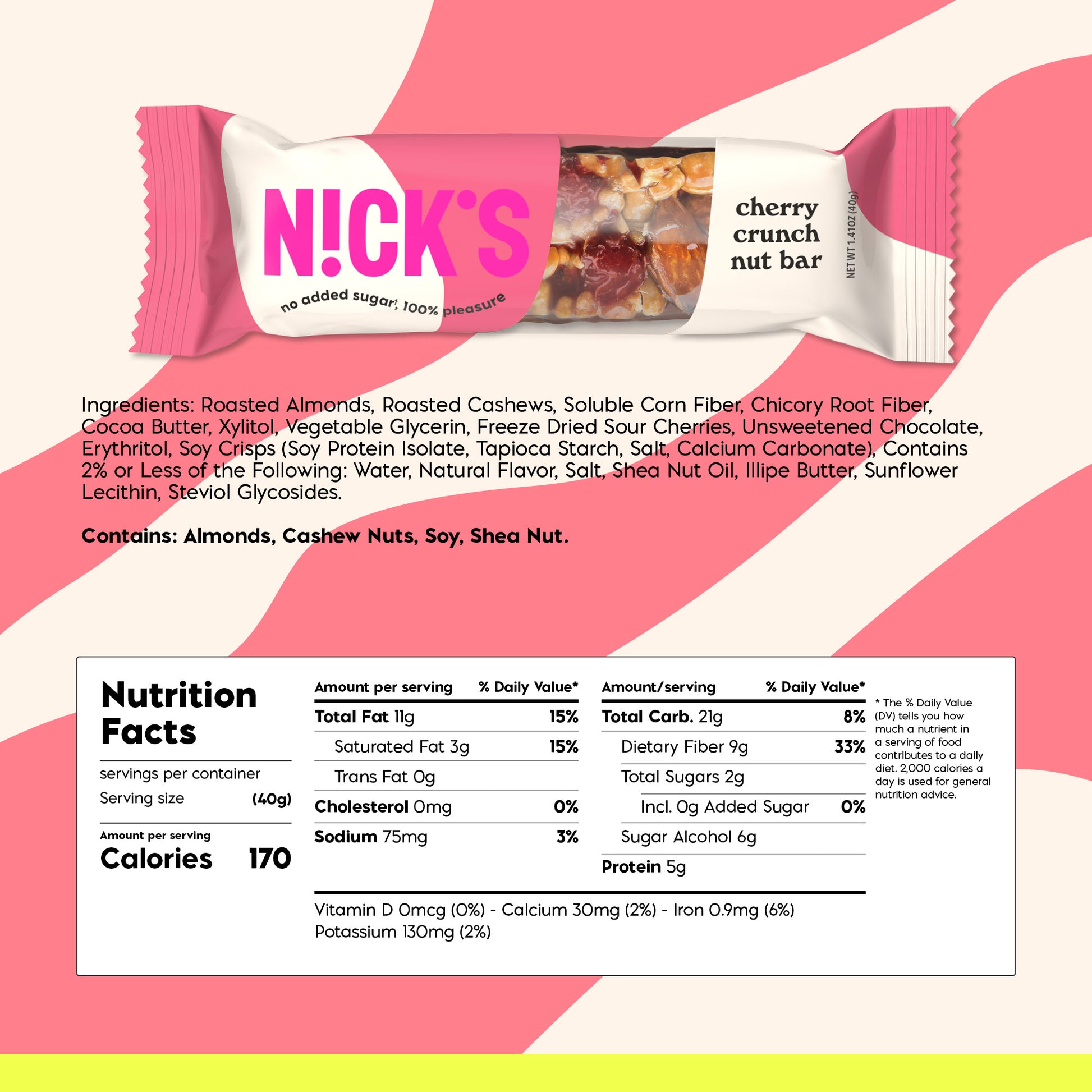 Nutrition Facts panel for one N!CK'S Cherry Crunch Nut Bar (40g serving), showing 170 calories.