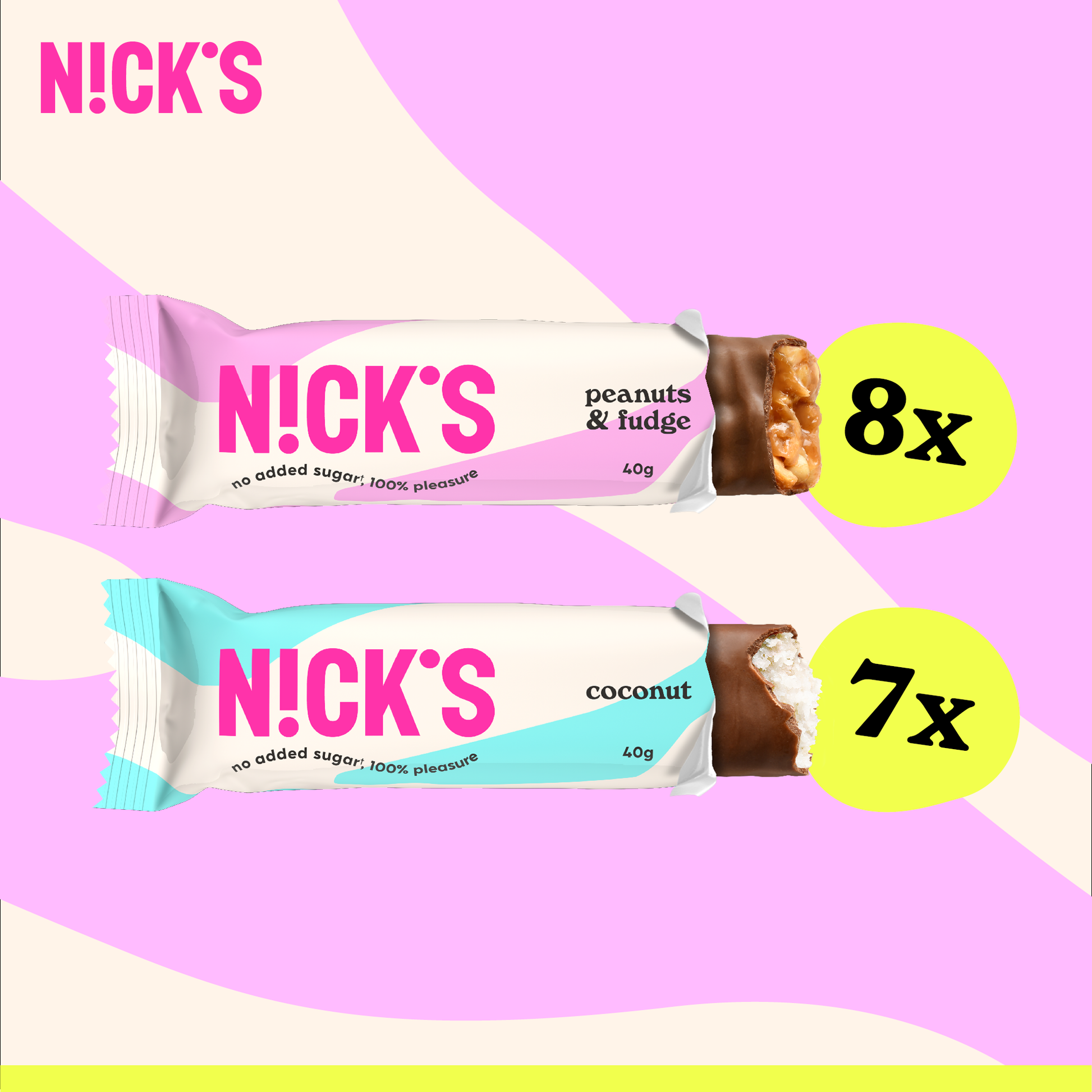Individual N!CK'S Peanut & Fudge and Coconut Candy Bars unwrapped and stacked, highlighting the two different bars in the mix.
