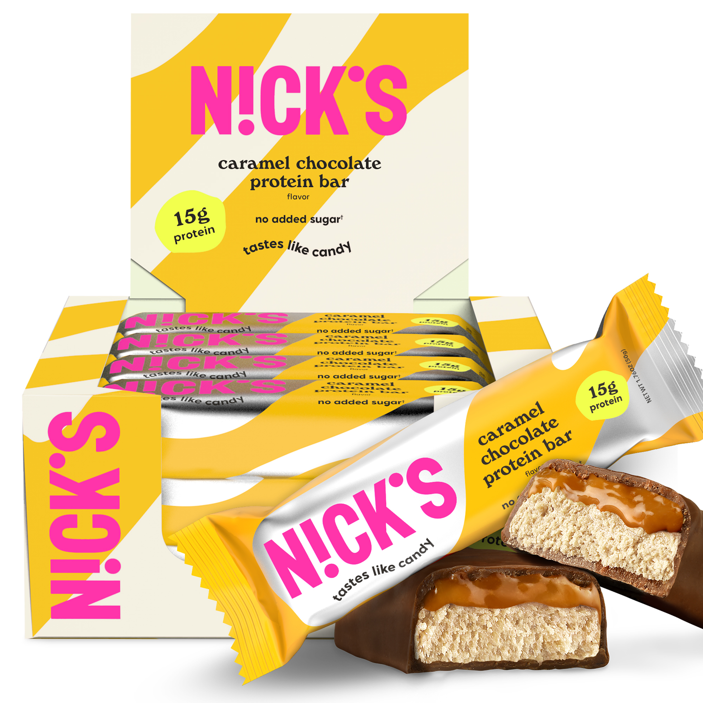 Box of N!CK'S Caramel Chocolate Protein Bars (12-pack), with a bar unwrapped and cut to show the filling. Highlights 15g protein and "no added sugar" for a keto snack.