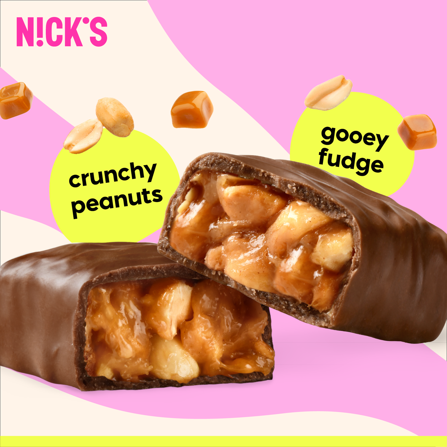 Detailed cross-section of the N!CK'S Peanuts & Fudge Candy Bar, showing the crunchy peanuts swirled in silky caramel sauce and chocolate coating.